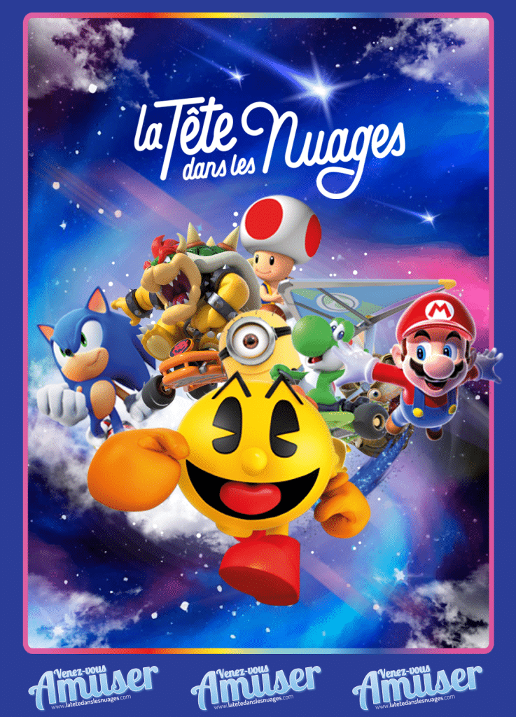 Pacman, Mario et Sonic, devant un fond bleu étoilé